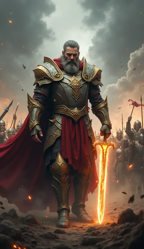 King Aeron, clad in shining armor, stands tall in the midst of battle, leading his troops with wisdom and strength. His sword glows with a divine light, symbolizing his unshakable wisdom. Around him, his soldiers fight with determination, inspired by his p...