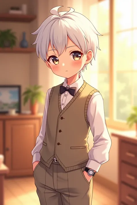 White-haired boy who likes the preppy style and is very cute anime