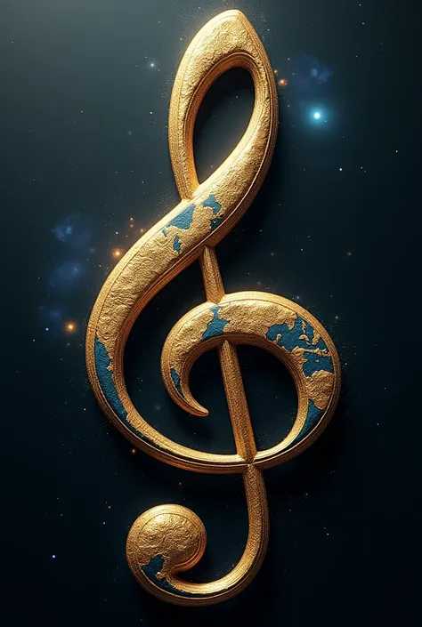 Treble clef that has the continents of America and Europe inside