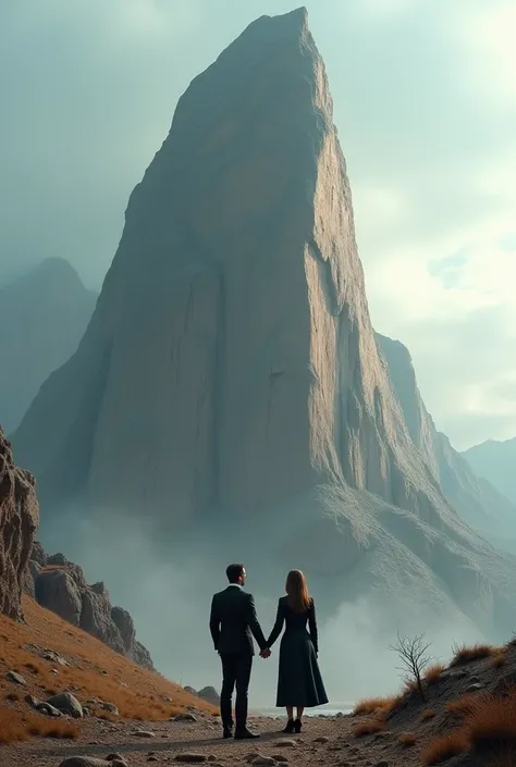 Create a 4k photo of a huge rock. A well-dressed couple looking up while holding hands. She has a coat and a suit on..