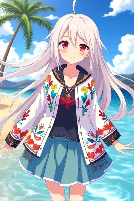 Create a drawing of Mukuro Hoshimiya, a character from Date a Live, and draw her with a Venezuelan jacket and a Venezuelan beach in the background 