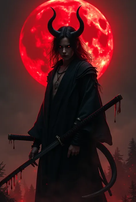 A demon looking like a human with black hair with red tips holding a red katana with blood and red moon effects 