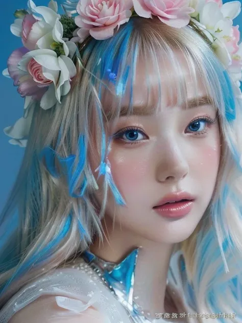 A close-up of a woman with flowers in her hair, 🌺 society, ethereal beauty, ethereal!!! ultra realistic, ethereal fairytale, with frozen flowers around it, fantasy aesthetic!, combine, fantasy aesthetic, ross tran 8k, beautiful fantasy portrait, beautiful ...