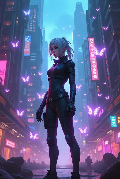 
Create an image of Clove from Valorant, accurately representing her character design with her distinctive features and outfit. Place Clove in a cyberpunk environment, characterized by a cityscape filled with neon lights, towering skyscrapers, and futurist...