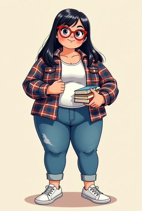 Cartoon of a stuffed woman with long black straight hair with white highlights, red glasses, blue jeans, white flannel, jeans jacket, white sneakers with notebooks 