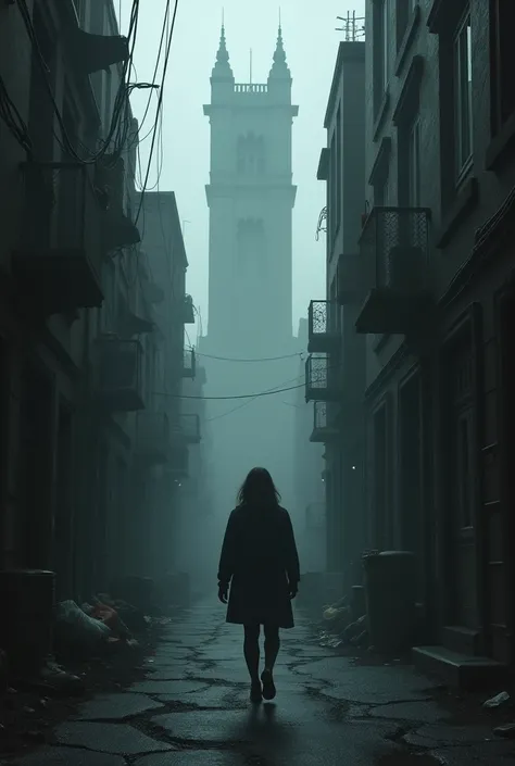 Dark alley where a woman is walking towards a grey building. On a dark and slightly foggy day