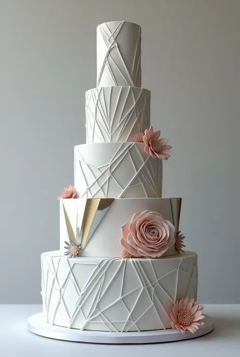 "Design a highly detailed, modern cake with sleek, fine finishes and a minimalist aesthetic. The cake should have sharp edges, smooth surfaces, and intricate, precise decorations like delicate geometric patterns, metallic accents, or minimalistic floral to...