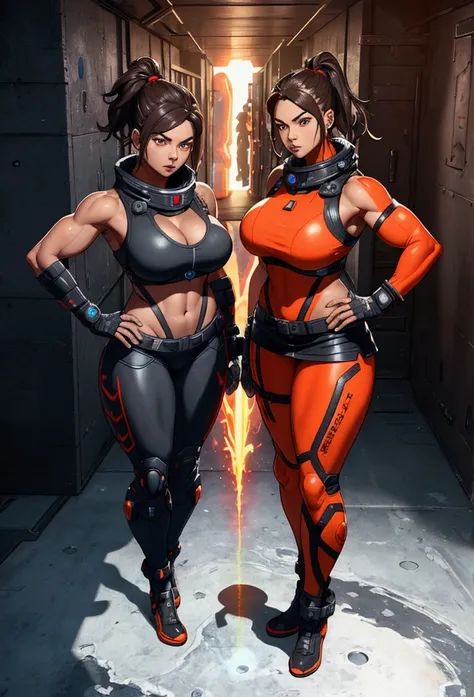 all people holding huge futuristic laser rifles in an action dynamic pose,  ((Full body)), photo quality, vibrant colors, two 2womans, wearing sexy red/bluecamouflage micro mini skirt, orange mini space suite, huge breast, in a cold ice PLANET with volcano...