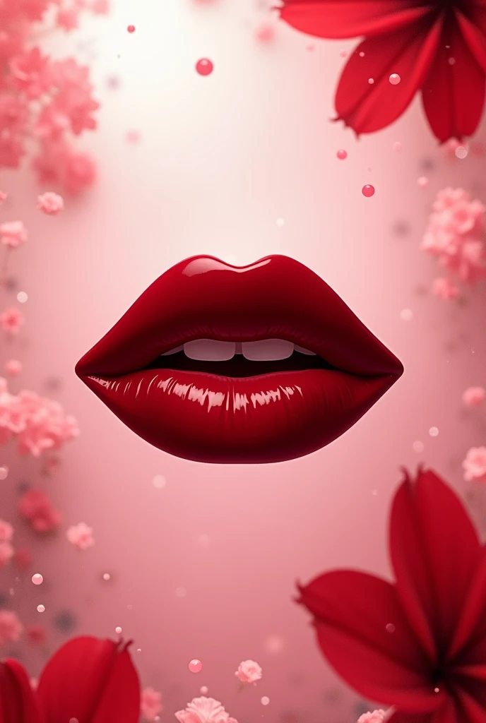 Lips silhouette with pink drops red flower leaves transparent background 
