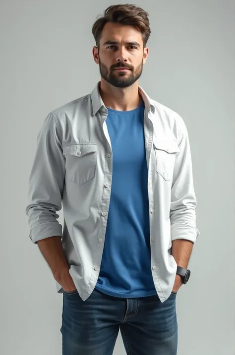 Man in blue shirt with a white long sleeve button down shirt over it 