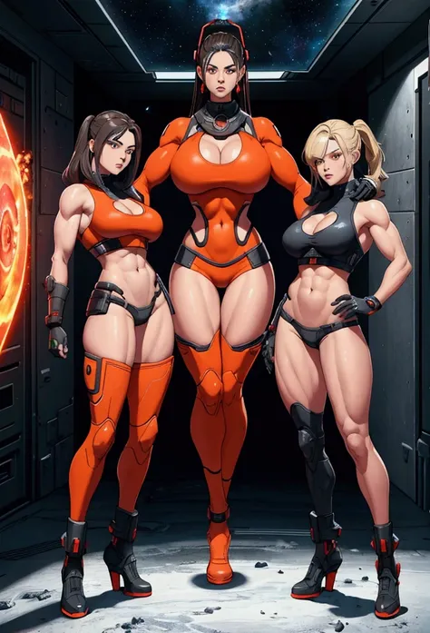 all people holding huge futuristic laser rifles in an action dynamic pose,  ((Full body)), photo quality, vibrant colors, two 2womans, wearing sexy red/bluecamouflage micro mini skirt, orange mini space suite, huge breast, in a cold ice PLANET with volcano...