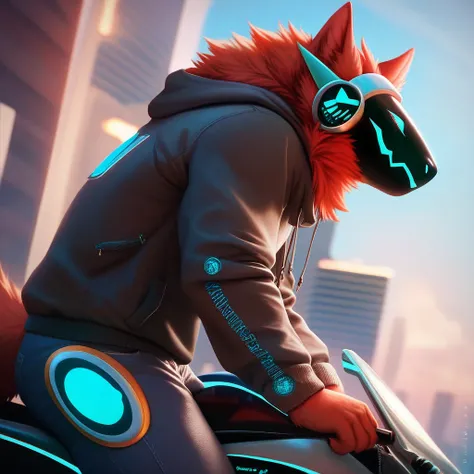 score_9, score_8_up, score_8, 8k, 4k, Detailed, High quality, furry, male, muscular body, red protogen protogen, long visor, tuft neck, fluffy tail, futuristic assasin clothing, hoodie on, ridding on a motorbike, futuristic city, side view