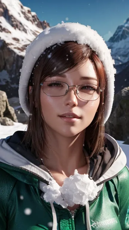 portrait, Close-up, upper body. Short, Red hair, green eyes, metal frame glasses, green jacket, hood on head, nice smile. (masterpiece, top quality, Best quality, official art, beautiful and aesthetically pleasing:1.2), extremely detailed,(fractal art:1.2)...