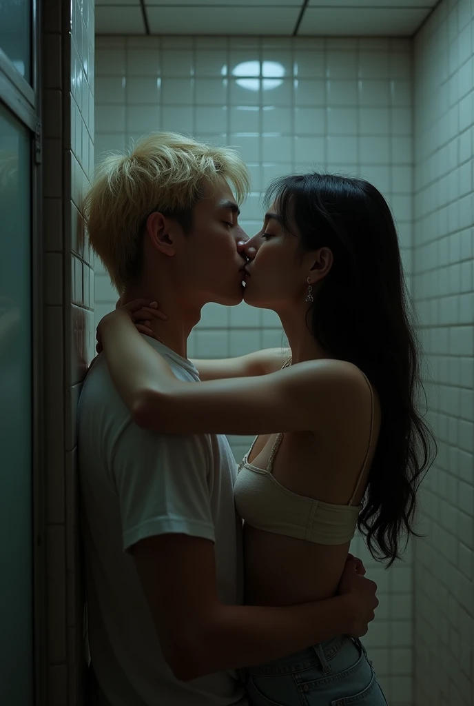 Lee Felix stray kids asian blond man with freckles kissing woman in bathroom 
