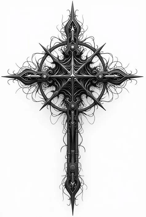 a symmetrical complex cybersigilism/gothic design without fill, black and white plain background, shape has to be a wide rounded cross with the horizontal stick longer than the vertical one