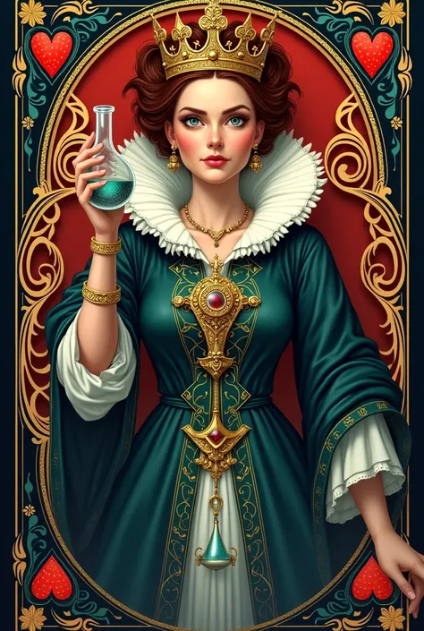 I want an image of Marie Curie in the style of the queen of the deck. Marie Curie has to be in the place of the queen of hearts, in the same pose as the queen of hearts in the mirrored card. The image needs to be very colorful, it needs to look like a play...