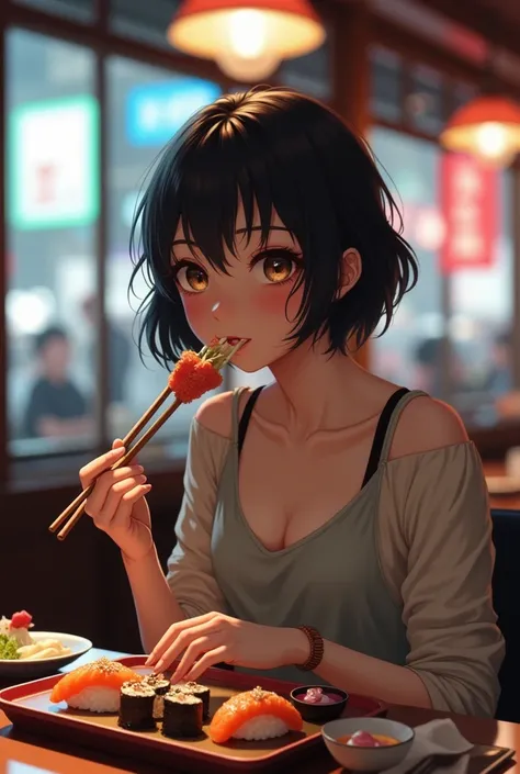 Girl with short hair eating sushi in Tokyo
