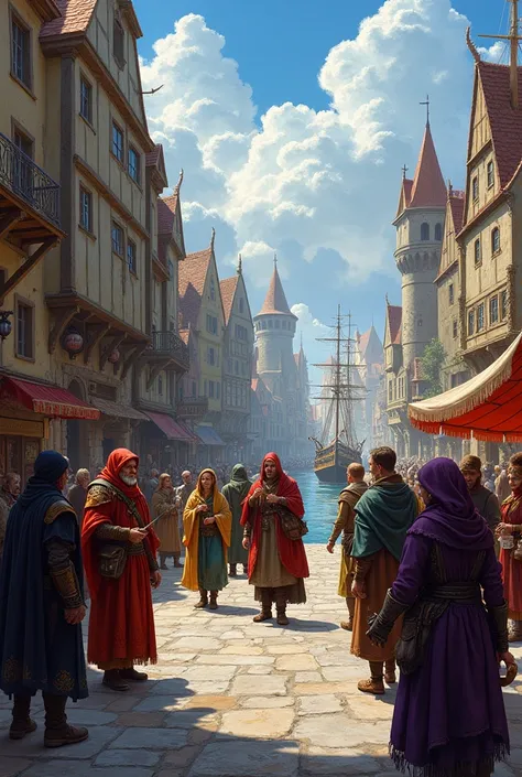 Painting of a group of humans and elves in a harbor, DnD-Illustration, Jugglers and traders, Stadtgarde, inspired von Larry Elmore, the streets of Baldur&#39;s Gate, Larry Elmore : 0. 5, Fantasy roleplaying book illustration, by Rob Alexander, medieval fan...