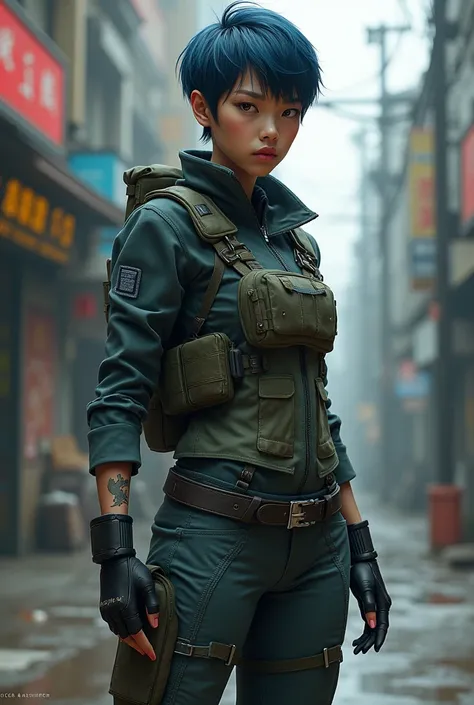 thin girl, with Asian appearance with very short, dark blue hair, wear combat clothing