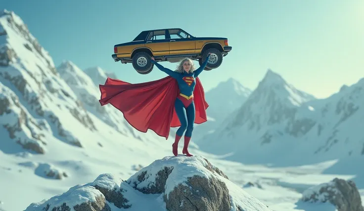 (((very beautiful and strong old Supergirl flying, landing on ice mountain (((1978 Superman moive costume))) ))) Super old woman  powerful; confident, powerful, indestructible, attractive; big and firm chest; strong breasts(((big breasts; strong breasts)))...