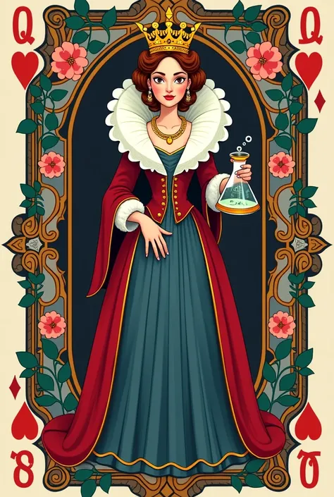 I want an image of Marie Curie in the style of the queen of the deck. Marie Curie has to be in the place of the queen of hearts, in the same pose as the queen of hearts in the mirrored card. The image needs to be very colorful, it needs to look like a play...