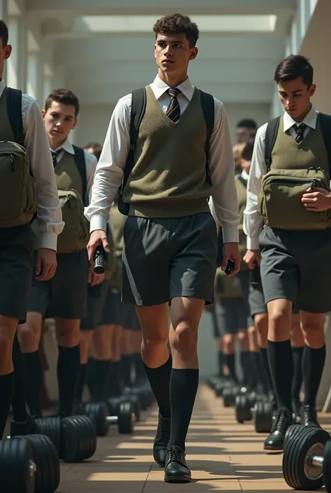 the perfectly lean cadet loads some dumbells to his military backpack with other cadets in his dorm for a long march training, wearing a perfect suit uniform, a perfect white shirt, perfect striped tie, school shorts, sweater vest, knee socks, boots