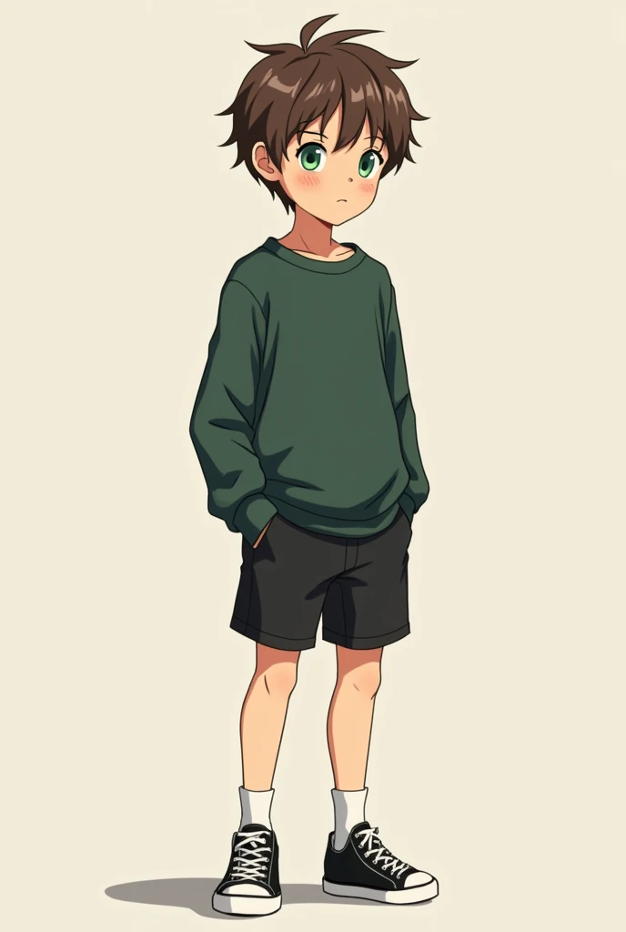  anime boy, short brown hair, green eyes, dark green sweatshirt, black shorts, black shoes, tender look