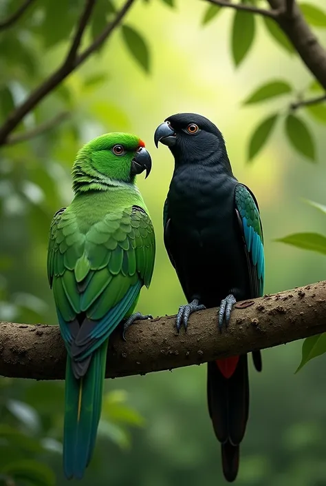 A green parrot and black indian cuckoo sitting on a tree together