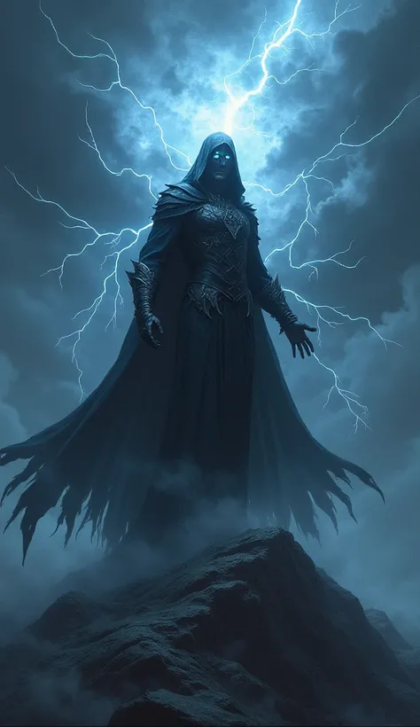 Silas stands menacingly on a dark cloud, his robes made of shadows and lightning crackling around him. His face is sharp, filled with malice and hunger for power. He reaches out, trying to grasp the winds of Aetheria. His eyes glow with dark magic as he at...