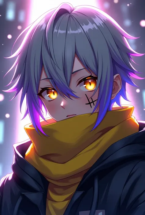 A teenage anime boy with gray hair with purple highlights at the ends and yellow eyes with a scar across his mouth wearing a yellow scarf to cover the scar, wearing futuristic clothes