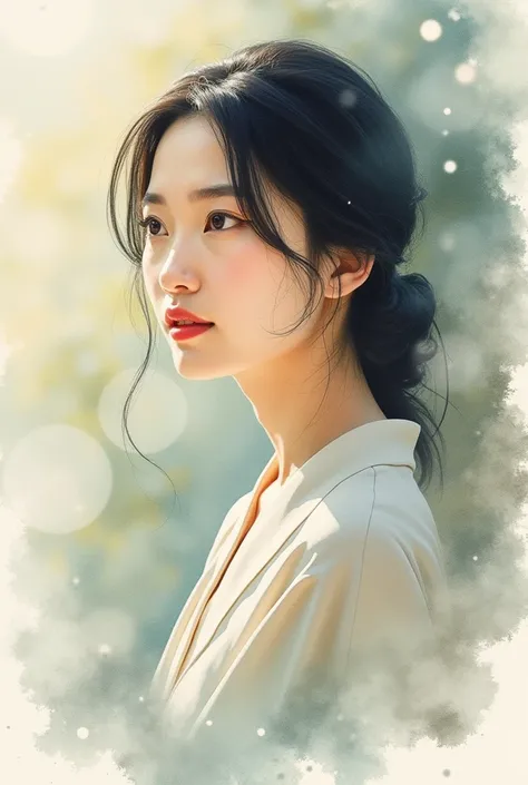 A beautiful middle-aged Japanese woman, portrayed in a composition left to artistic discretion. The painting is done in a watercolor style, with soft brushstrokes and a transparent, delicate palette. Colors lightly overlap, creating subtle layers, with bea...