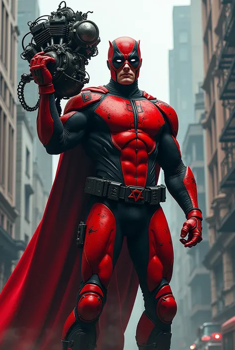 Red and black superhero holding a motorcycle engine, for logo