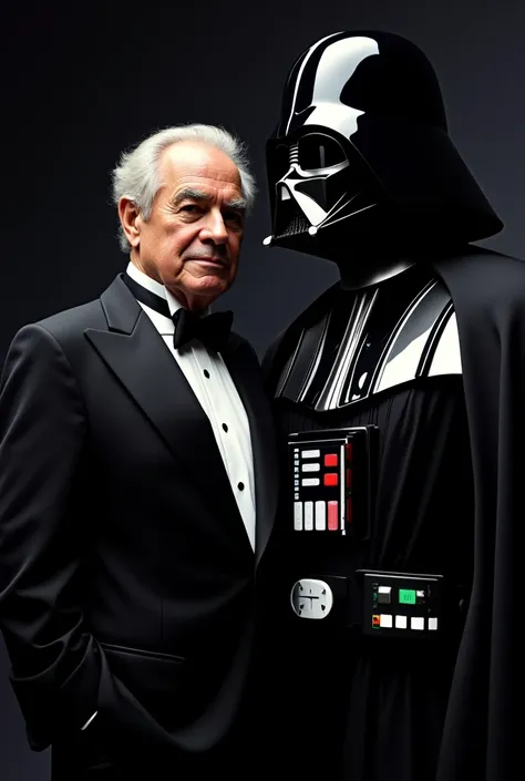 James Earl Jones wearing a black tuxedo standing with Darth Vader Close up 