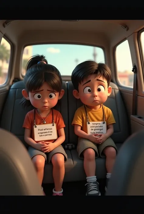 In a 3D animation style.:Girl and boy sitting in the back seats of a small car, worried about their difficulties and financial problems with signs hanging from their necks that say our parents cannot take care of us in Spanish