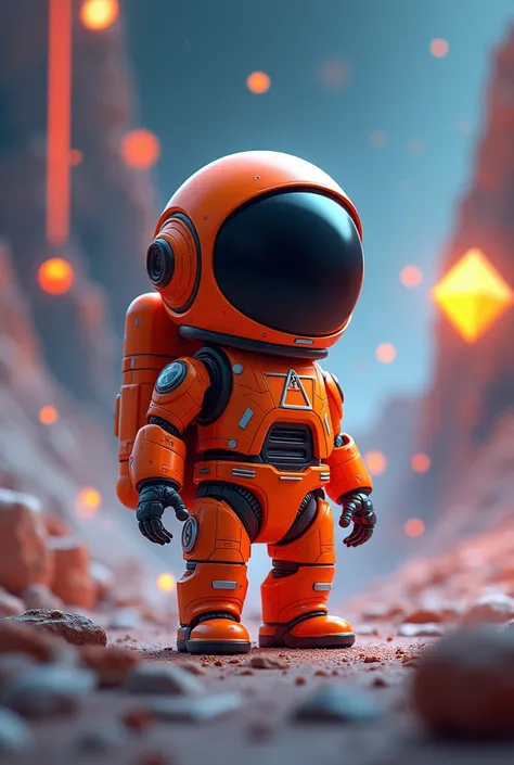 Small orange cosmonaut robot and shutter in a futuristic universe block chain and nft with a SPAACE logo 