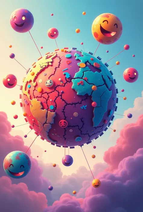 Drawing Center: A large sphere made up of colorful fragments of other spheres.
Floating Spheres: Small spheres around the central one, with game icons and language symbols.
Connections: Lines and arrows showing the interaction between games and language wi...