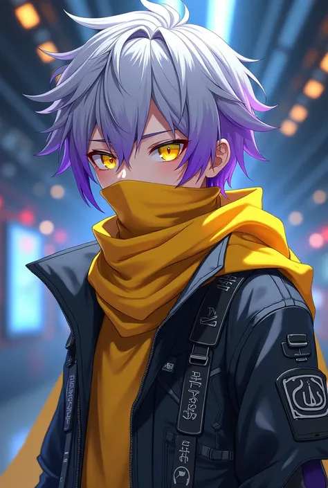 A teenage anime boy with gray hair with purple highlights at the ends and yellow eyes with a yellow scarf covering his mouth., wearing futuristic clothes