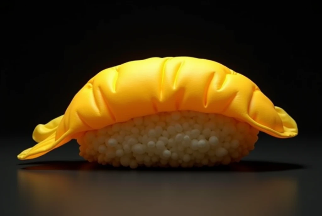 the word SUSHI is voluminous, strongly inflated, yellow in color, professional photo, studio light, Black background, photorealistic photo, yellow plastic matte
