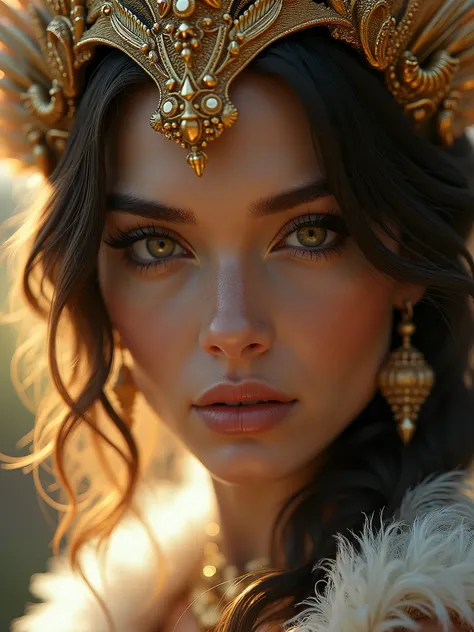 close up shot of a beautiful and alluring woman captivating attention in an outfit seamlessly blending motifs of a mage, crystals, gold, eagle, and magnet. The mage motif infuses an enchanting and mystical allure with flowing fabrics or subtle magical symb...