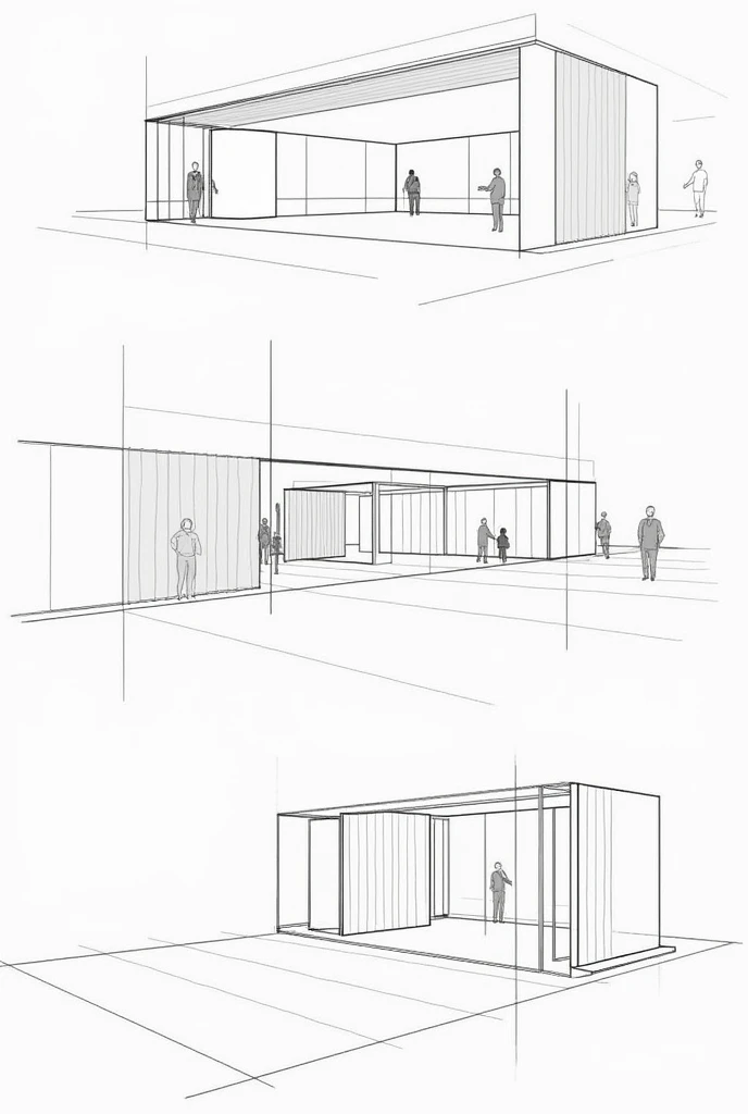 Make sketches of a prefabricated panel wall system for a hospital, in plan with sections and isometrics, but very simple, as if it were done freehand at the time.