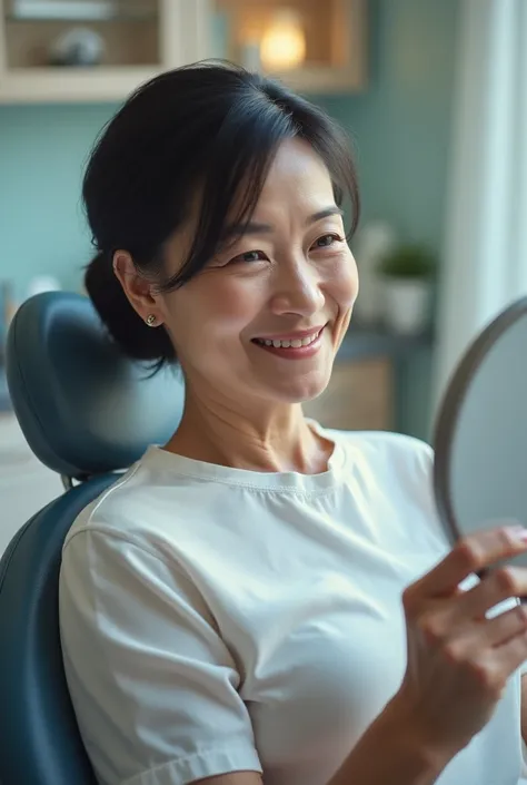 Create an older adult person, women, black haired white woman sitting smiling in a dental chair looking at a face mirror and smiling in a dental office