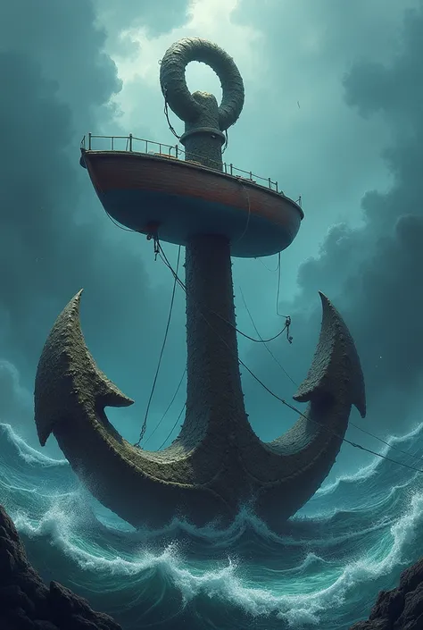 A large anchor on the bottom of the sea holding up a small boat in the middle of a big storm 