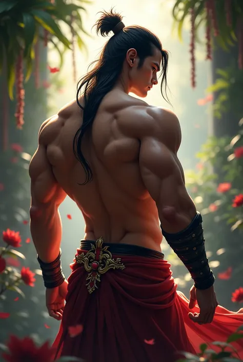 League of Legends character Yasuo very well detailed muscular from behind in a very attractive naked gay pose and in a plane where you can see his full body and the background I would like it to be like the spiritual flora background of that theme