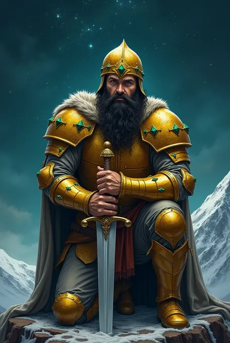  warrior around 3, lumberjack style beard, light brown eyes, black hair, medieval times, he is on his knees with a face of courage, wearing a helmet that only allows us to see his eyes and eyebrows, his armor is made of gold studded with green diamonds, he...