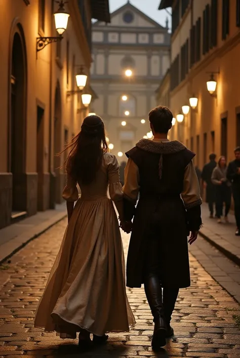 Imagine a young woman with light eyes and brown hair, wearing a high society period dress next to a young man with very light brown hair in humble period clothing, walking through the streets of Florence backwards or sideways in the year 1518. The ancient ...