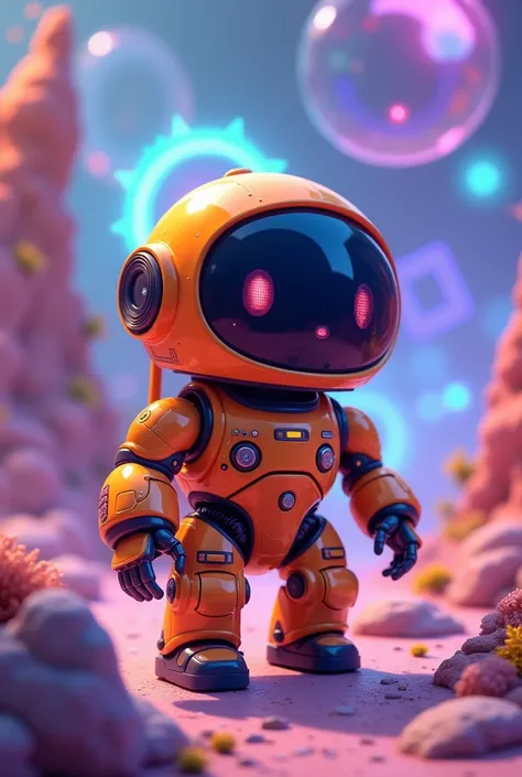 Little orange and purple cosmonaut robot in a futuristic blockchain and NFT universe 