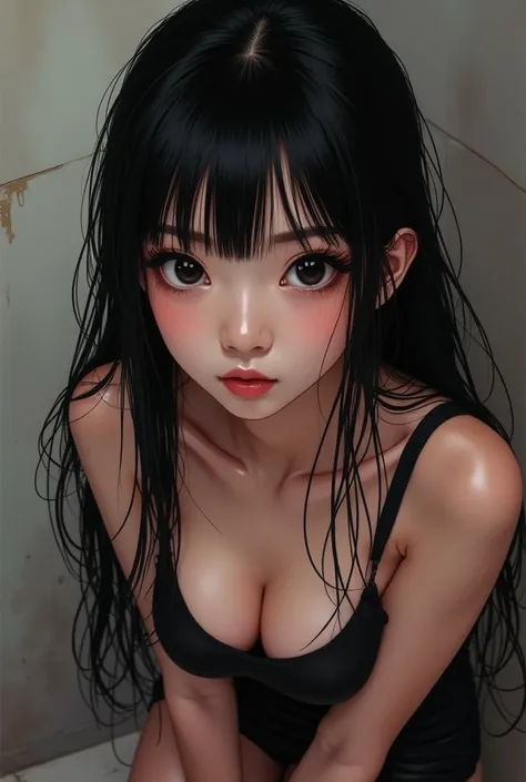 asian high school girl with long straight black hair and a fringe in the middle of the forehead, with big eyes and huge eyelashes, extremely thin body worrying, funds on the cheek, super thin eyebrows and thin nose, Lewd, (porcelain doll), horny, sexual ga...