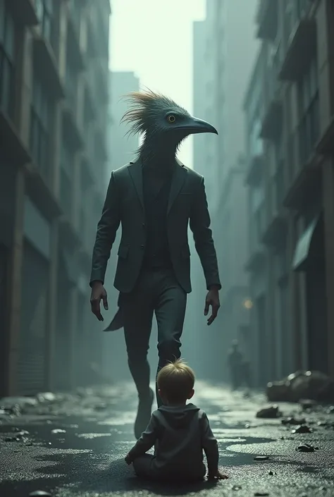 in a 3D style: A man with a bird face leaves a child on the street