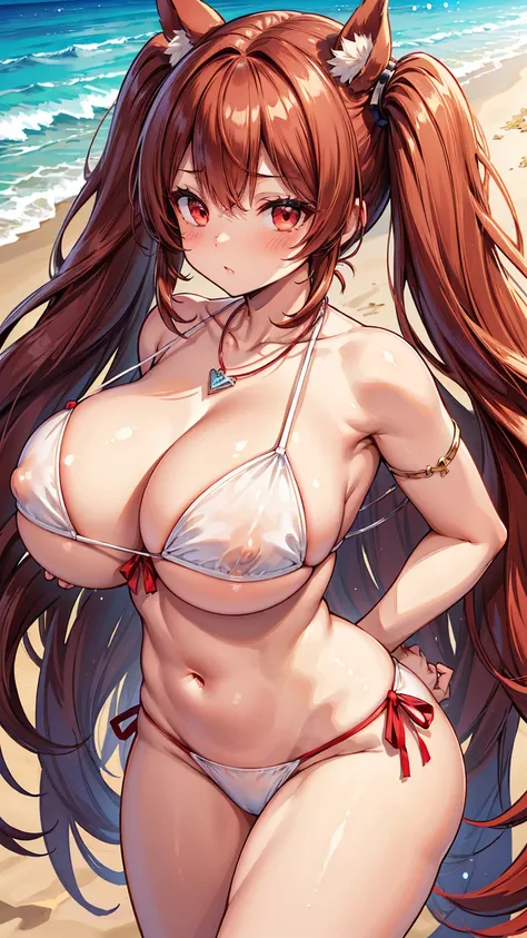 (Huge Tits:1.4)、Underboob、White Bikini、(Tsundere girl)、Horse ears、Red Eyes、(Red-brown hair)、(Long twin tails)、necklace、thigh、Beach