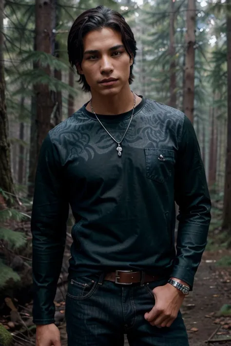 Jared Cameron,Bronson Pelletier, Twilight, 1, male, 20 years old, short dark black hair, slim muscular build, brown eyes, green t-shirt with wolf print, dark black denim jacket, blue jeans, black belt with silver buckle, black combat boots, red gem necklac...